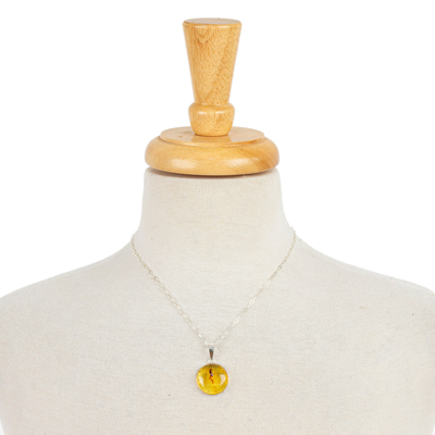 Amber pendant necklace, 'Honey Planet' - Circular Amber and Silver Pendant Necklace from Mexico