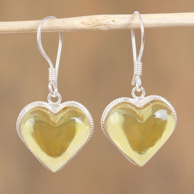 Amber dangle earrings, 'Heartfelt Gleam' - Heart Shaped Natural Amber Dangle Earrings from Mexico