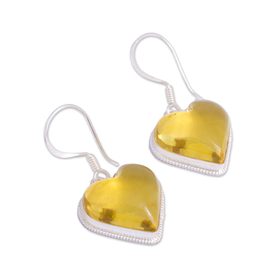 Amber dangle earrings, 'Heartfelt Gleam' - Heart Shaped Natural Amber Dangle Earrings from Mexico