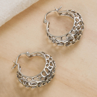 Sterling silver hoop earrings, 'Gleaming Pores' - Openwork Motif Sterling Silver Hoop Earrings from Mexico