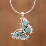 Composite Turquoise and Sterling Silver Butterfly Necklace, 'Happiness Soars'