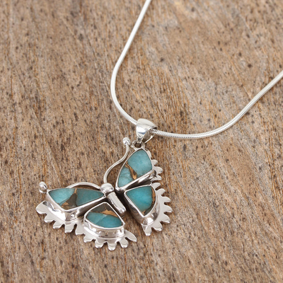 Sterling silver pendant necklace, 'Happiness Soars' - Composite Turquoise and Sterling Silver Butterfly Necklace