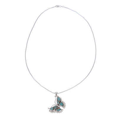 Halskette mit Anhänger aus Sterlingsilber, 'Happiness Soars' - Komposit-Schmetterlingskette aus Türkis und Sterlingsilber