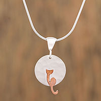 Sterling Silver and Copper Cat Pendant Necklace from Mexico,'Lunar Cat'