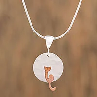 Sterling silver and copper pendant necklace, 'Lunar Cat' - Sterling Silver and Copper Cat Pendant Necklace from Mexico