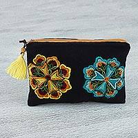 Cotton cosmetic bag, 'Brilliant Bloom' - Black Cotton Hand Embroidered Floral Motif Cosmetic Bag
