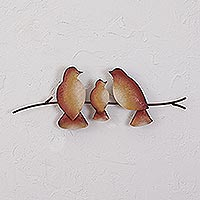 Steel wall sculpture, 'My Pretty Family' - Steel Wall Sculpture of Three Brown Birds from Mexico