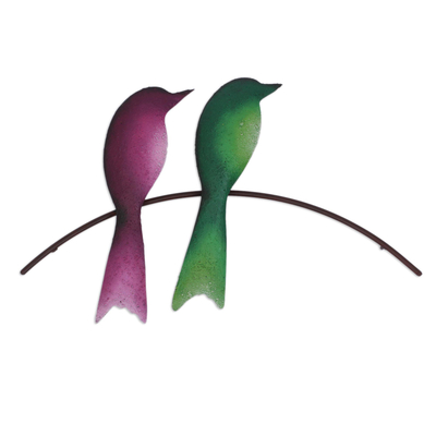 Steel wall sculpture, 'Avian Friends' - Steel Wall Sculpture of Two Colorful Birds from Mexico