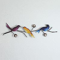 Escultura de pared de acero, 'Singing Trio' - Escultura de pared de acero de tres pájaros coloridos de México