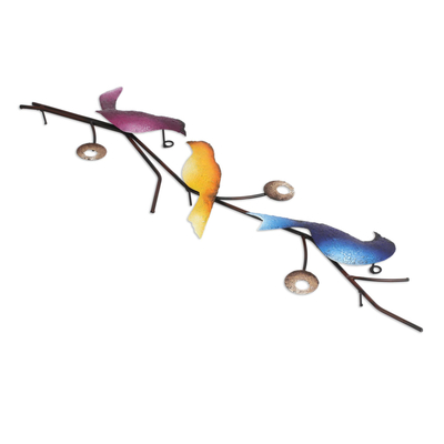 Steel wall sculpture, 'Singing Trio' - Steel Wall Sculpture of Three Colorful Birds from Mexico