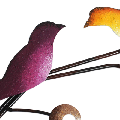 Steel wall sculpture, 'Singing Trio' - Steel Wall Sculpture of Three Colorful Birds from Mexico