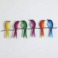 Escultura de pared de acero, 'Singing Sextet' - Escultura de pared de acero de seis pájaros coloridos de México