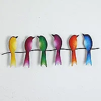 Steel wall sculpture, 'Singing Sextet' - Steel Wall Sculpture of Six Colorful Birds from Mexico