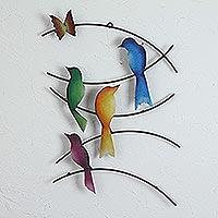 Escultura de pared de acero, 'Amigos del verano' - Escultura de pared de acero de pájaros y una mariposa de México