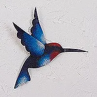 Escultura de pared de acero, 'Delightful Blue Hummingbird' - Escultura de pared de acero artesanal de colibrí azul hecha a mano