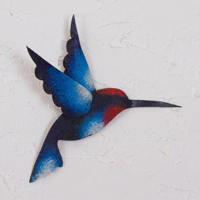 Steel wall sculpture, 'Delightful Blue Hummingbird' - Artisan Handcrafted Blue Hummingbird Steel Wall Sculpture
