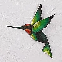 Escultura de pared de acero, 'Delightful Green Hummingbird' - Escultura de pared de acero artesanal artesanal de colibrí verde