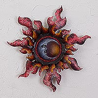 Steel wall sculpture, 'Beautiful Eclipse' - Crescent Moon Steel Wall Sculpture in Red from Mexico