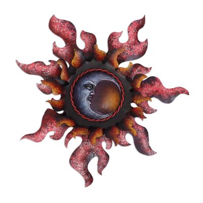 Steel wall sculpture, 'Beautiful Eclipse' - Crescent Moon Steel Wall Sculpture in Red from Mexico