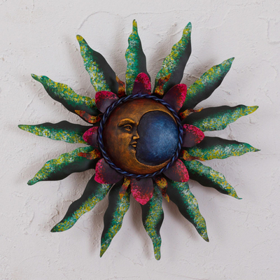 Steel wall sculpture, 'Gleaming Eclipse' - Crescent Moon Steel Wall Sculpture in Green from Mexico