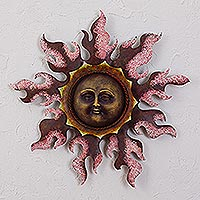 Steel wall sculpture, 'Radiant Flame' - Sun Steel Wall Sculpture in Pink from Mexico