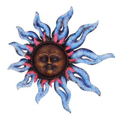 Steel wall sculpture, 'Sun of Spring' - Sun Steel Wall Sculpture in Blue from Mexico
