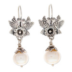 Cultured pearl dangle earrings, 'Purity of Love' - Flower and Bird-Themed Cultured Pearl Earrings from Mexico