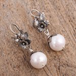 Cultured pearl dangle earrings, 'Purity of Love' - Flower and Bird-Themed Cultured Pearl Earrings from Mexico