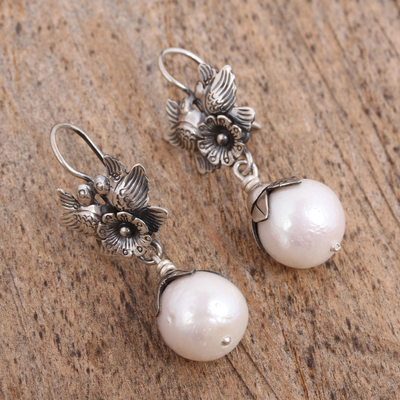 Pendientes colgantes de perlas cultivadas - Aretes de perlas cultivadas con temática de flores y pájaros de México