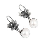 Cultured pearl dangle earrings, 'Purity of Love' - Flower and Bird-Themed Cultured Pearl Earrings from Mexico