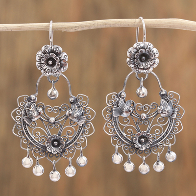 Sterling silver chandelier earrings, 'Love and Hope' - Flower and Bird-Themed Sterling Silver Earrings from Mexico