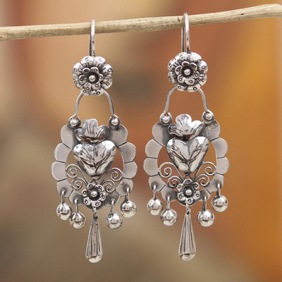 Pendientes colgantes de plata de ley - Aretes florales de plata de ley en forma de corazón de México