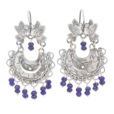 Lapis lazuli chandelier earrings, 'Kissing Birds' - Bird-Themed Lapis Lazuli Chandelier Earrings from Mexico