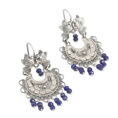 Lapis lazuli chandelier earrings, 'Kissing Birds' - Bird-Themed Lapis Lazuli Chandelier Earrings from Mexico