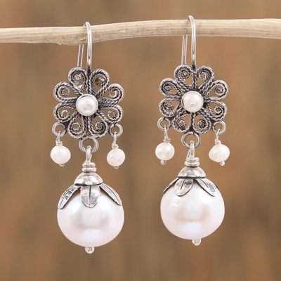 Aretes colgantes de perlas cultivadas - Aretes colgantes de flores de perlas cultivadas de México