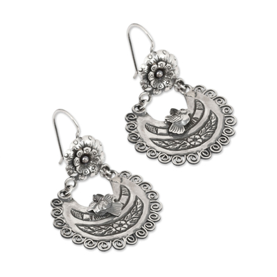 Sterling silver dangle earrings, 'Village Party' - Crescent-Shaped Sterling Silver Dangle Earrings from Mexico