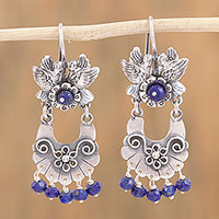 Lapis lazuli chandelier earrings, 'Basket of Flowers' - Bird-Themed Lapis Lazuli Chandelier Earrings from Mexico
