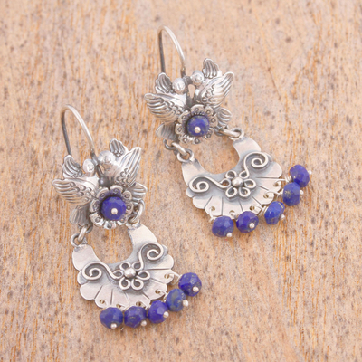Lapis lazuli chandelier earrings, 'Basket of Flowers' - Bird-Themed Lapis Lazuli Chandelier Earrings from Mexico