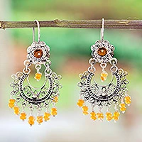 Carnelian chandelier earrings, 'Blooming Elegance' - Floral Carnelian Chandelier Earrings from Mexico