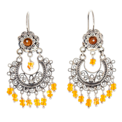 Carnelian chandelier earrings, 'Blooming Elegance' - Floral Carnelian Chandelier Earrings from Mexico