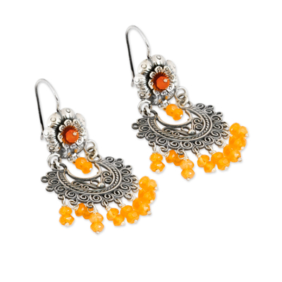 Carnelian chandelier earrings, 'Blooming Elegance' - Floral Carnelian Chandelier Earrings from Mexico