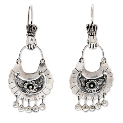 Kronleuchter-Ohrringe aus Sterlingsilber, 'Floral Adoration - Blumengeschmückte Silber-Kronleuchter Ohrringe aus Mexiko