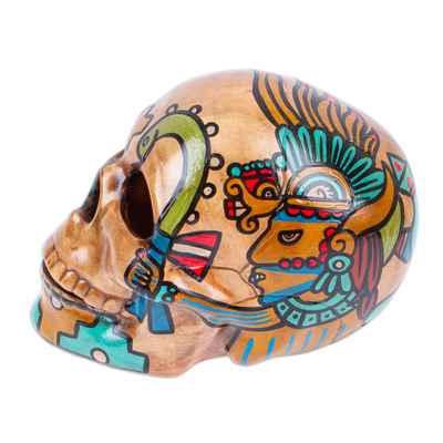 Ceramic skull, 'Aztec God of War' - Huitzilopochtli Aztec War God Ceramic Skull Sculpture