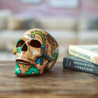 Ceramic skull, 'Aztec God of War' - Huitzilopochtli Aztec War God Ceramic Skull Sculpture