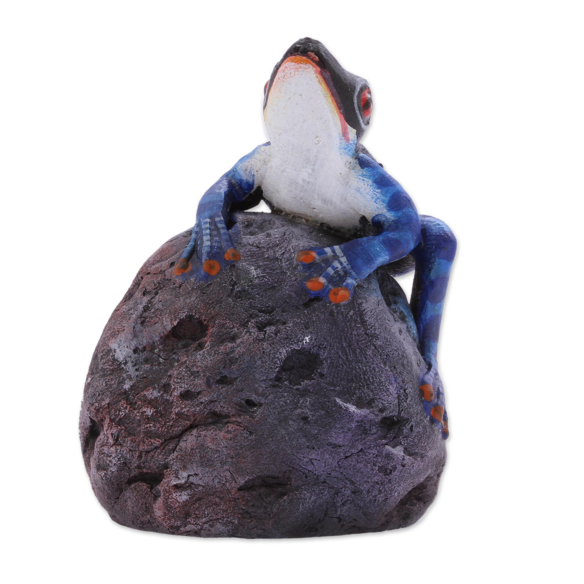 Handcrafted Painted Ceramic Frog Figurine From Mexico Frog On A Stone   P315004 2c 