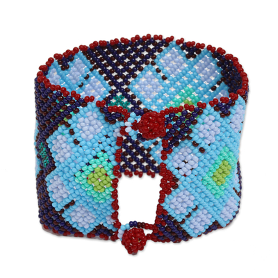 Glass beaded wristband bracelet, 'Diamond Bloom' - Handcrafted Blue Glass Beaded Wristband Bracelet from Mexico