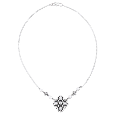 Cultured pearl pendant necklace, 'Silver Symmetry' - Cultured Pearl and Sterling Silver Floral Pendant Necklace
