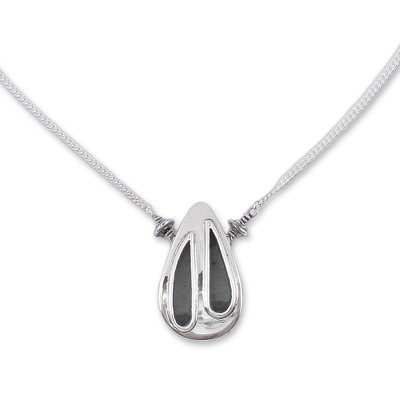Sterling silver pendant necklace, 'Twilight Rain' - Sterling Silver and Black Teardrop Modern Pendant Necklace