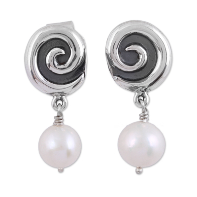 Cultured pearl dangle earrings, 'Elegant Whirl' - Cultured Pearl and Sterling Silver Dangle Earrings