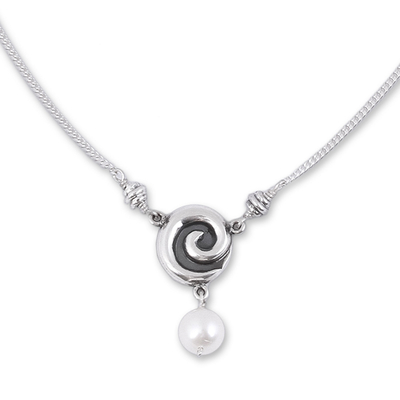 Cultured pearl pendant necklace, 'Elegant Whirl' - Cultured Pearl and Sterling Silver Pendant Necklace